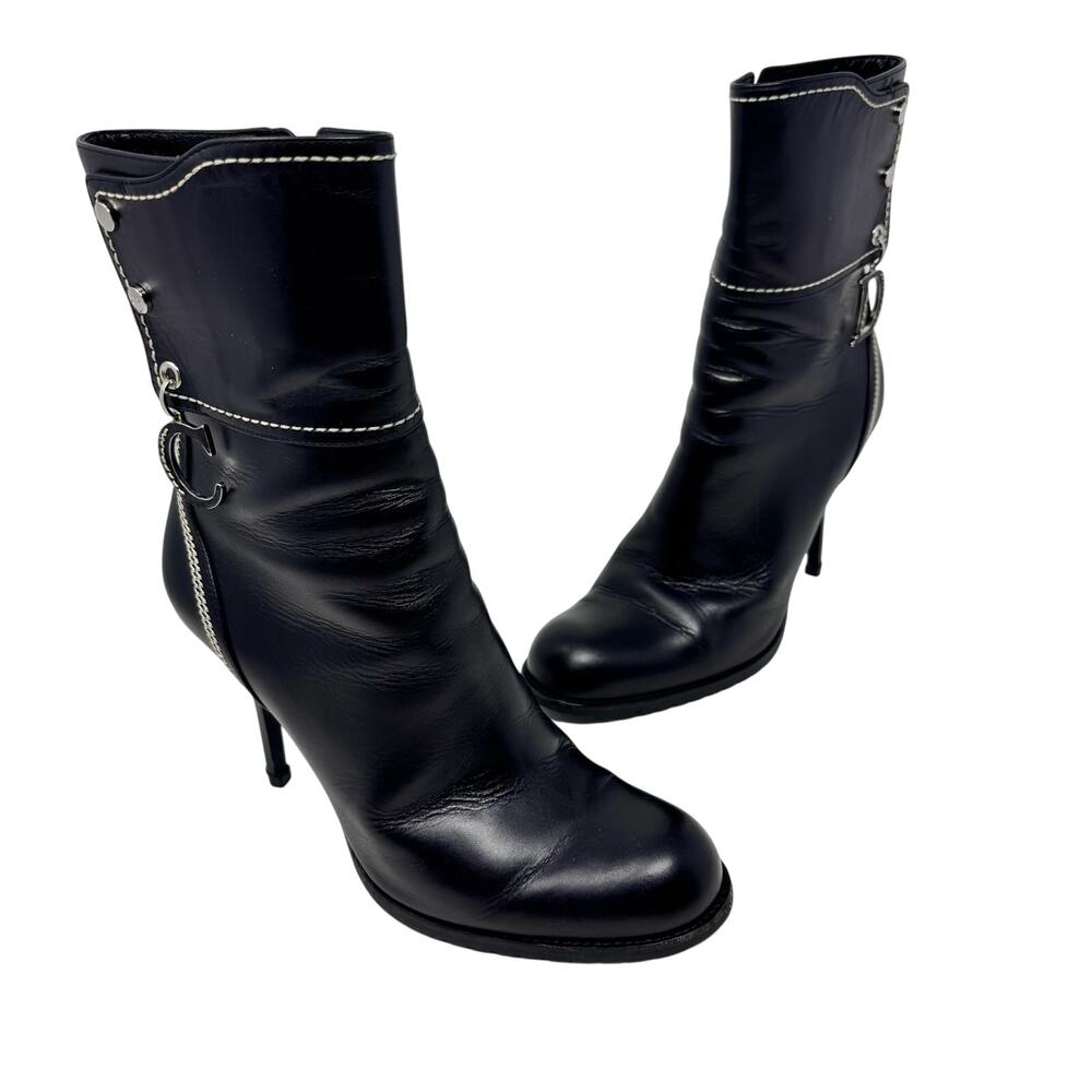 Christian Dior Galliano Y2K Black Leather D Charm Whipstitch Moto Boot 38.5